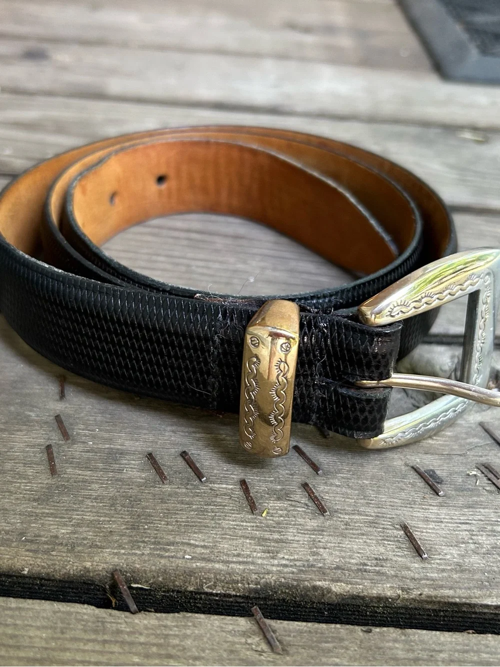 Tulliani Mens Italian Calfskin Belt Black Textured Leather Size 38 Chrome Buckle